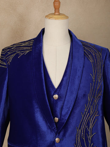 Blue Abstract Embroidery Velvet Men's Suit - Diadem