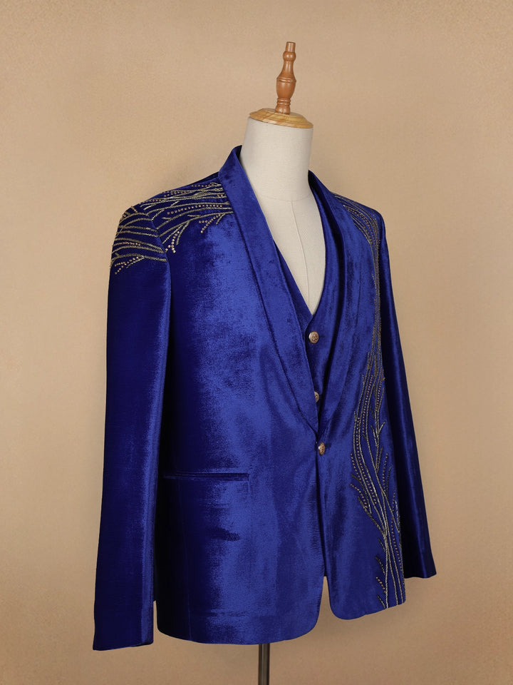 Blue Abstract Embroidery Velvet Men's Suit - Diadem