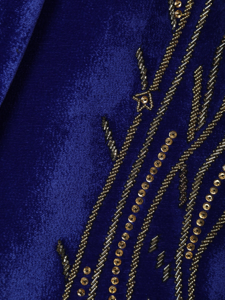 Blue Abstract Embroidery Velvet Men's Suit - Diadem