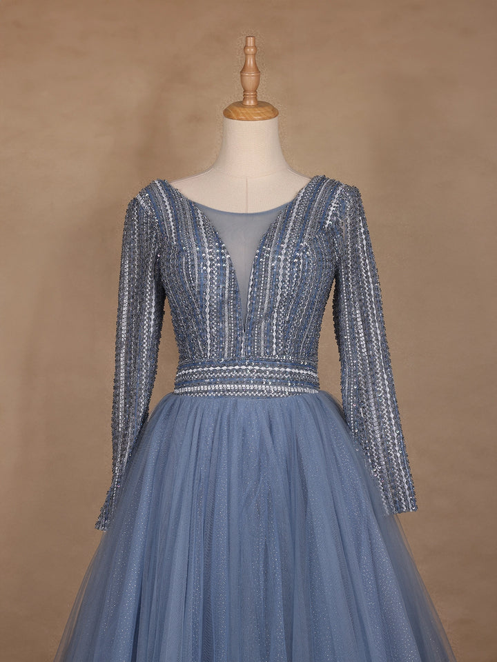 Blue Beaded Design Net Party Wear Gown - Diadem