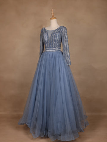 Blue Beaded Design Net Party Wear Gown - Diadem