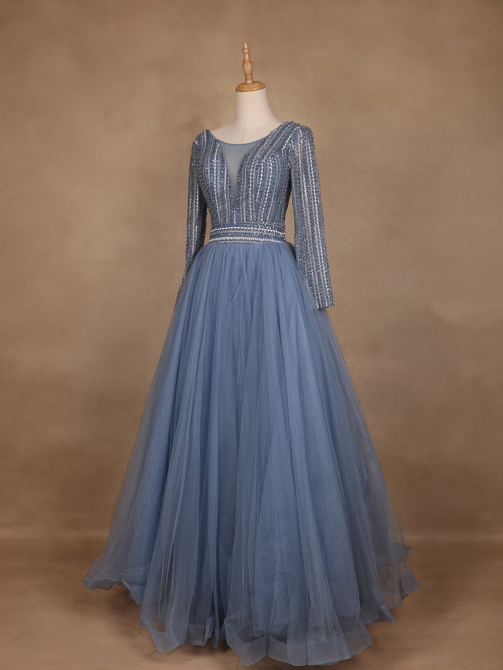 Blue Beaded Design Net Party Wear Gown - Diadem