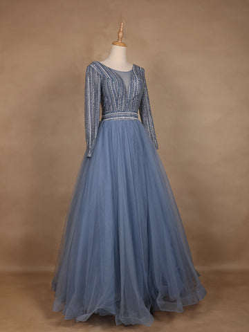 Blue Beaded Design Net Party Wear Gown - Diadem