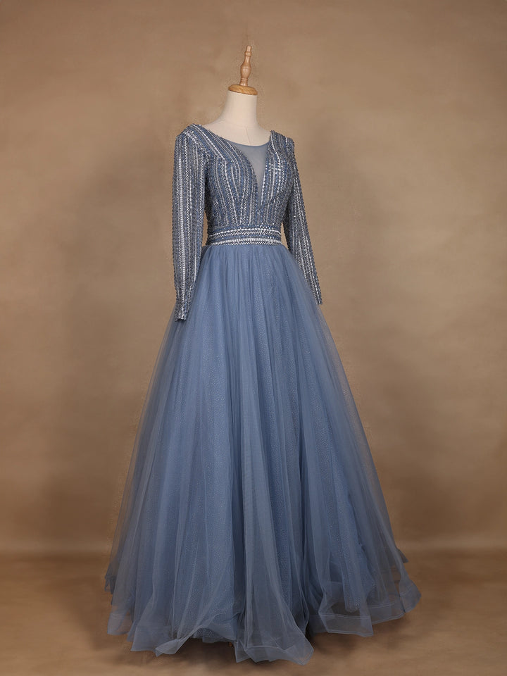 Blue Beaded Design Net Party Wear Gown - Diadem