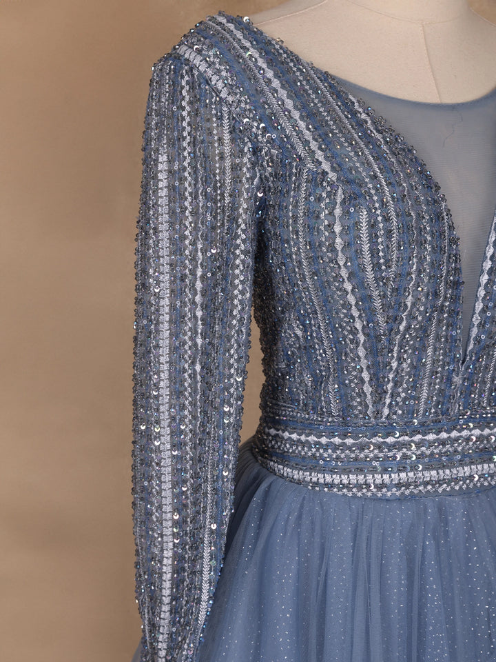 Blue Beaded Design Net Party Wear Gown - Diadem