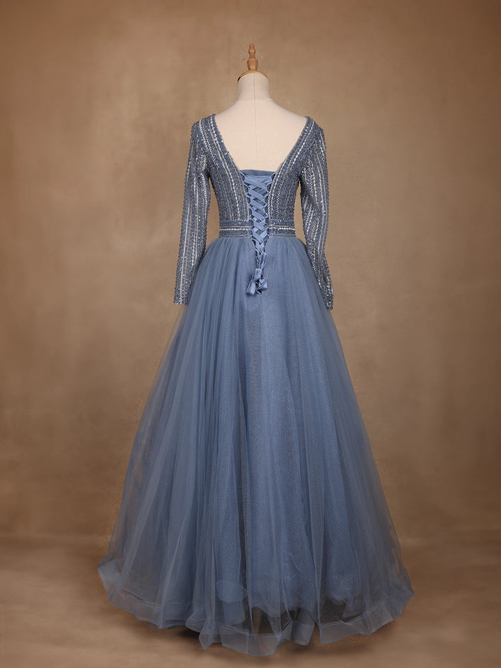 Blue Beaded Design Net Party Wear Gown - Diadem
