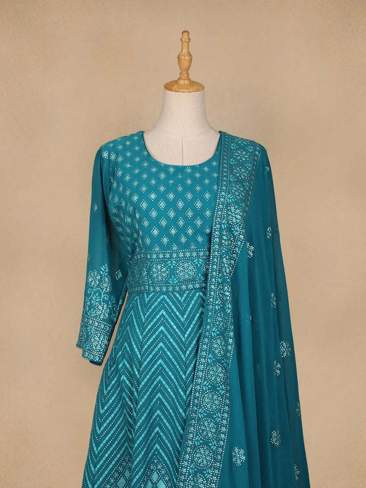 Blue Diamond and Floral Designed Georgette Gown - Diadem