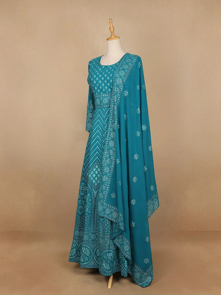 Blue Diamond and Floral Designed Georgette Gown - Diadem