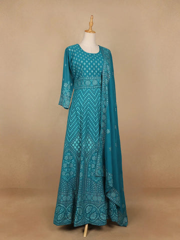 Blue Diamond and Floral Designed Georgette Gown - Diadem