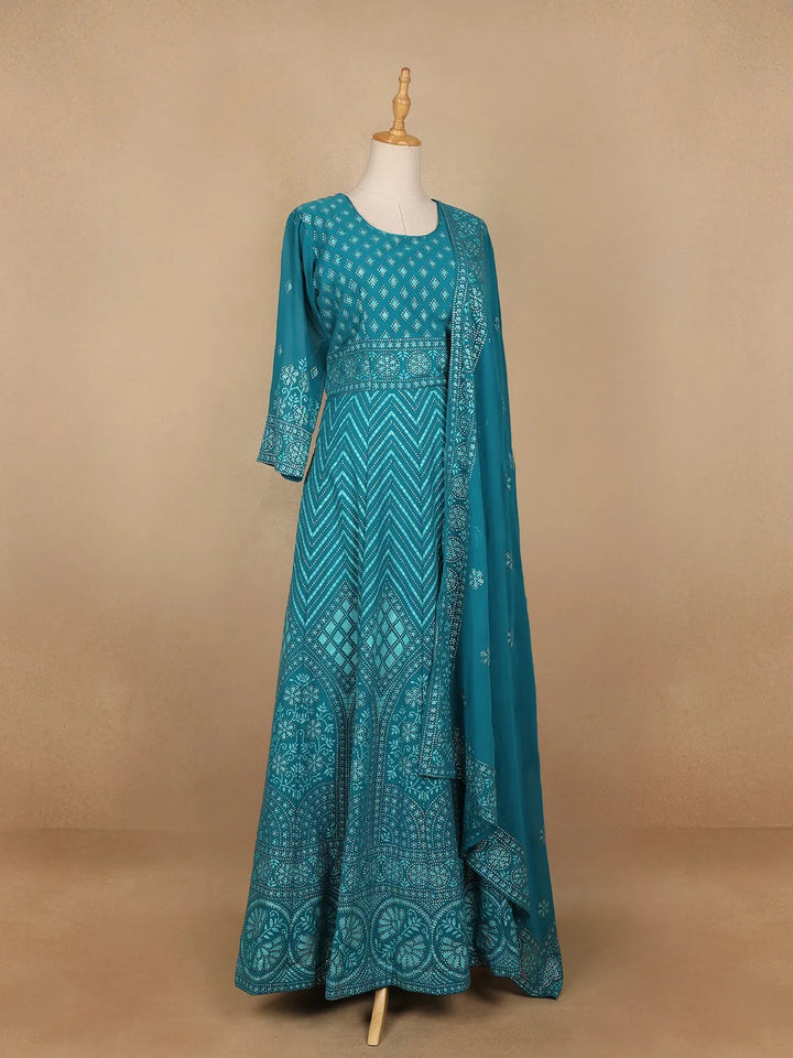 Blue Diamond and Floral Designed Georgette Gown - Diadem