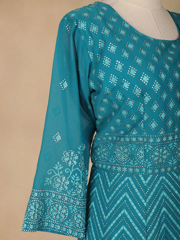Blue Diamond and Floral Designed Georgette Gown - Diadem