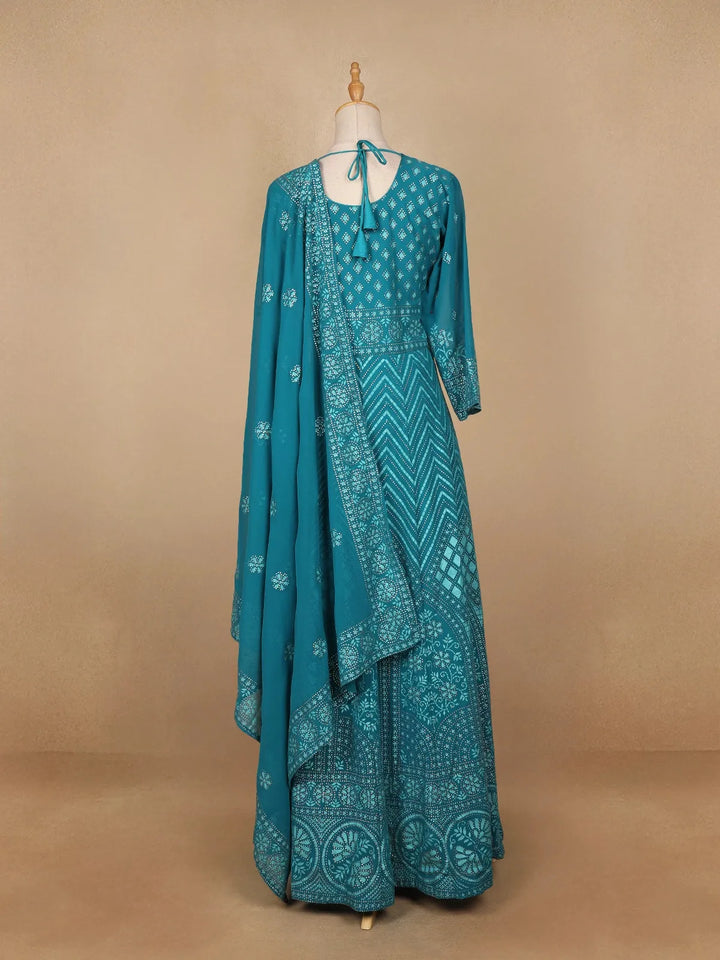 Blue Diamond and Floral Designed Georgette Gown - Diadem