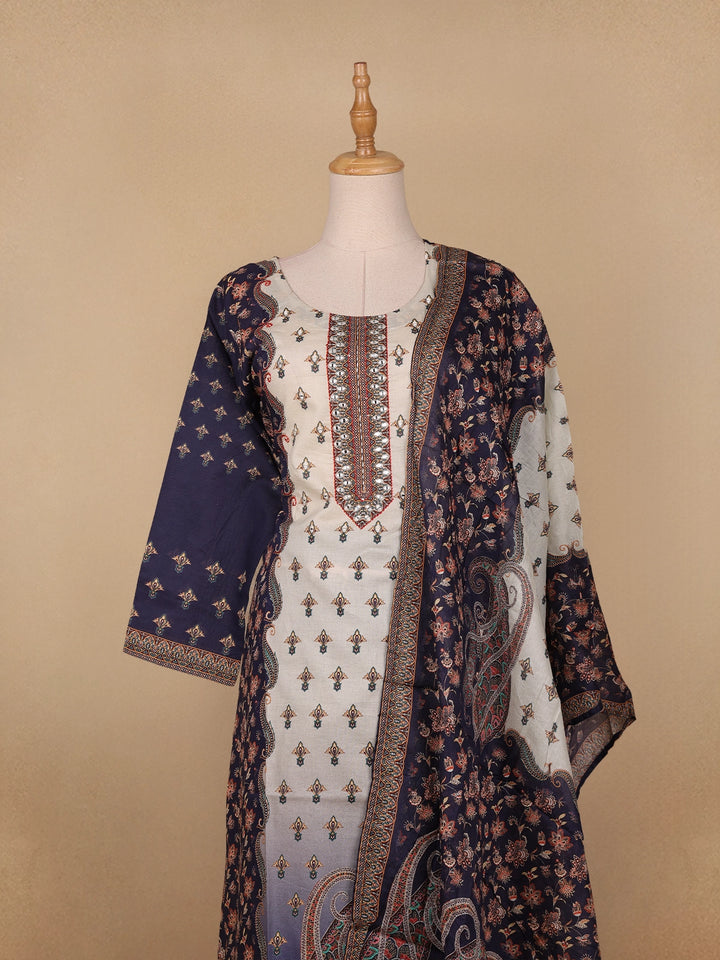 Blue Floral Designed Cotton Salwar Suit - Diadem