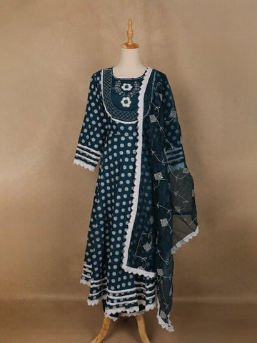 Blue Floral Designed Cotton Salwar Suit - Diadem