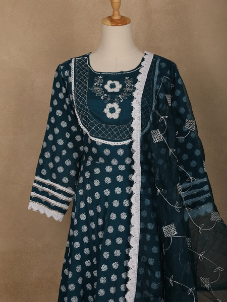 Blue Floral Designed Cotton Salwar Suit - Diadem