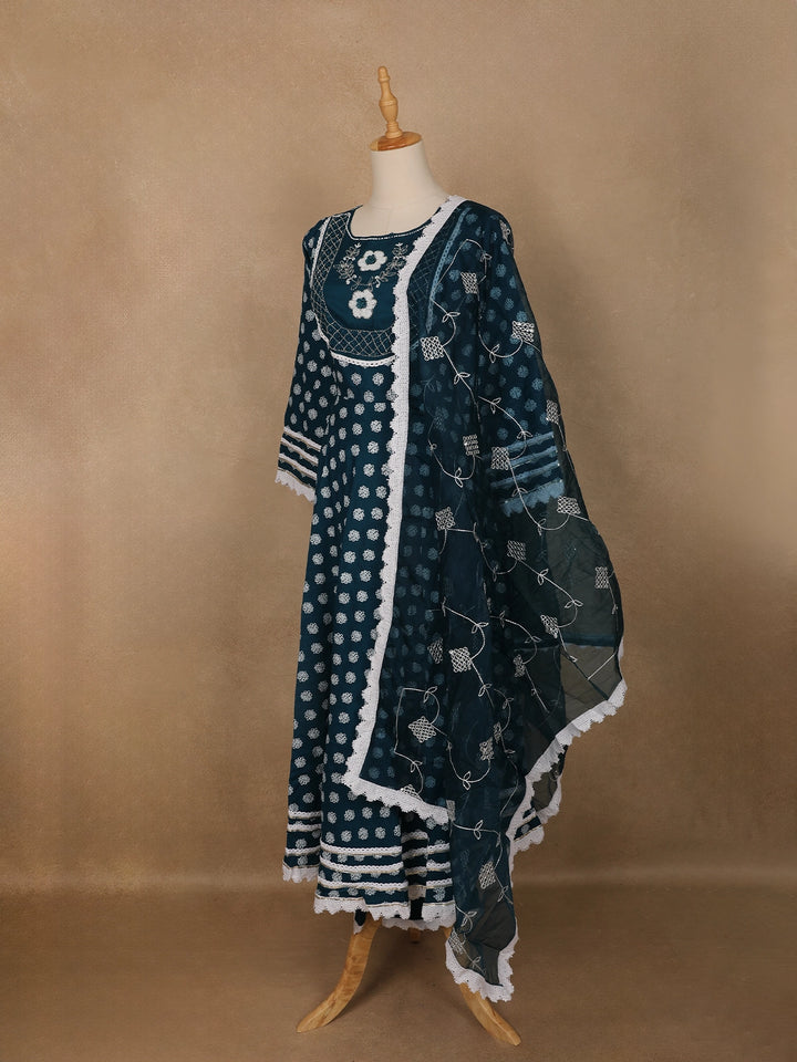 Blue Floral Designed Cotton Salwar Suit - Diadem