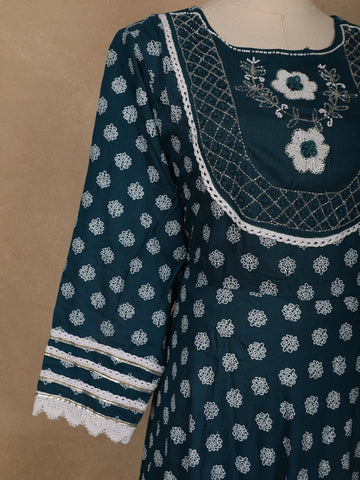 Blue Floral Designed Cotton Salwar Suit - Diadem