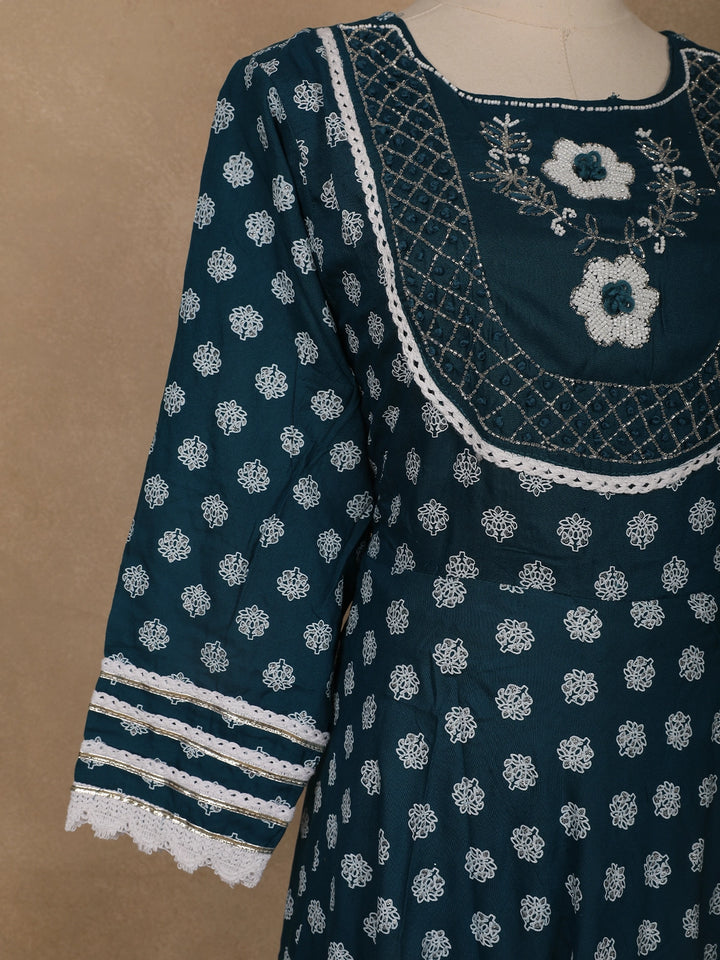 Blue Floral Designed Cotton Salwar Suit - Diadem