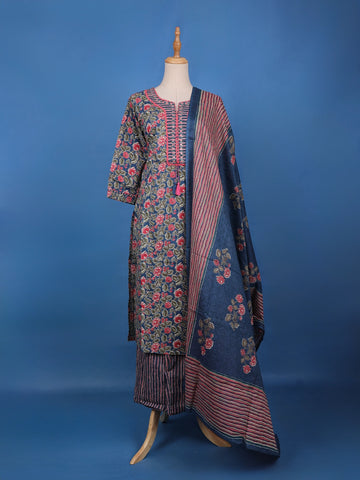 Blue Floral Design Printed Cotton Salwar Suit - Diadem