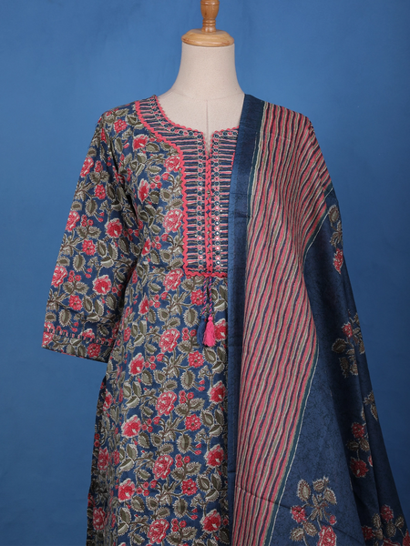 Blue Floral Design Printed Cotton Salwar Suit - Diadem