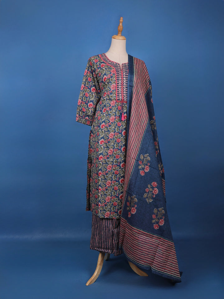 Blue Floral Design Printed Cotton Salwar Suit - Diadem