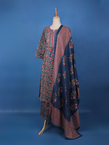 Blue Floral Design Printed Cotton Salwar Suit - Diadem