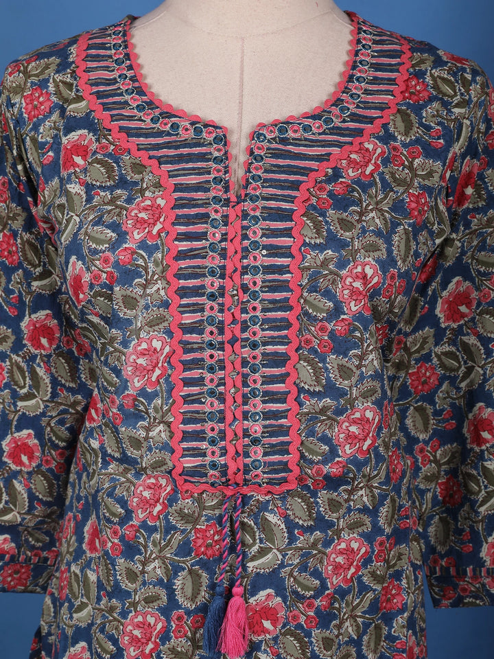 Blue Floral Design Printed Cotton Salwar Suit - Diadem