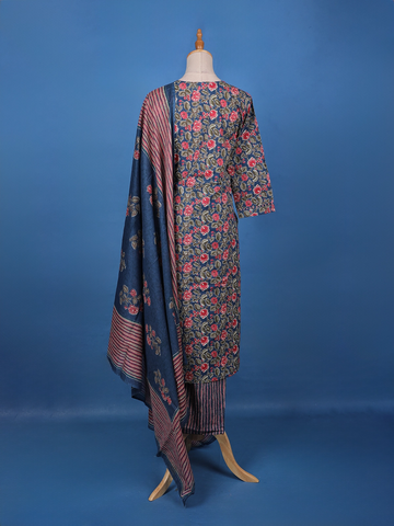 Blue Floral Design Printed Cotton Salwar Suit - Diadem