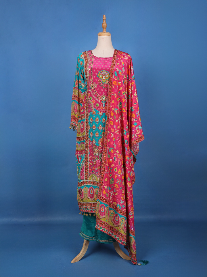 Blue Floral Design Printed Cotton Salwar Suit - Diadem
