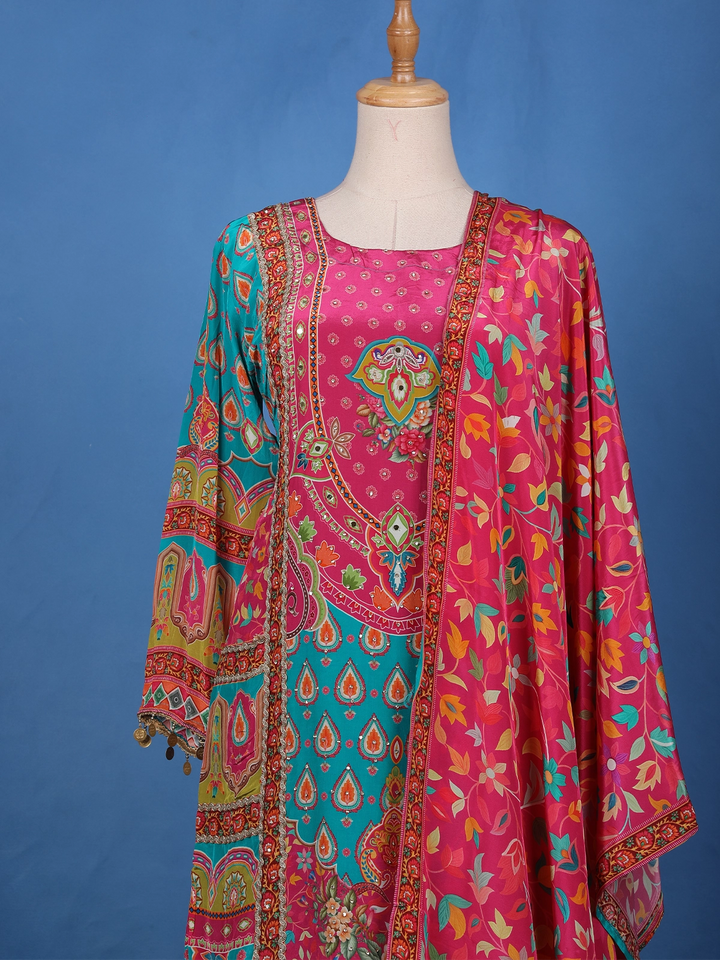 Blue Floral Design Printed Cotton Salwar Suit - Diadem