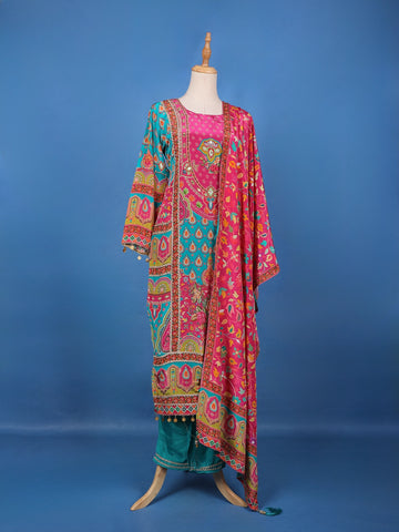 Blue Floral Design Printed Cotton Salwar Suit - Diadem
