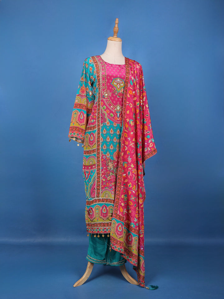 Blue Floral Design Printed Cotton Salwar Suit - Diadem