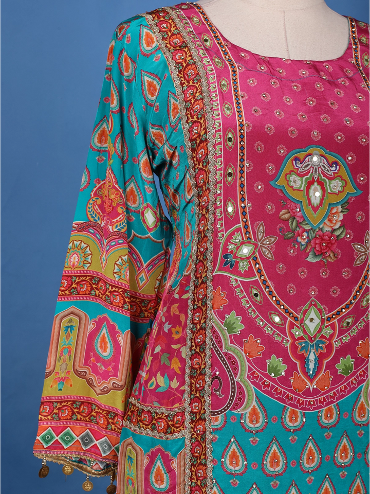 Blue Floral Design Printed Cotton Salwar Suit - Diadem