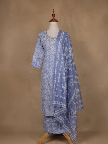 Blue Floral Design Printed Cotton Salwar Suit - Diadem