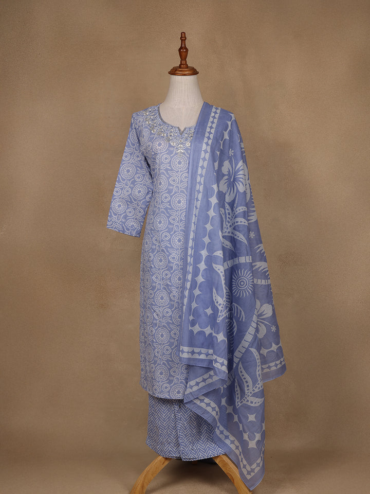Blue Floral Design Printed Cotton Salwar Suit - Diadem