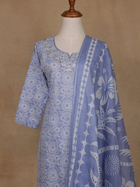 Blue Floral Design Printed Cotton Salwar Suit - Diadem