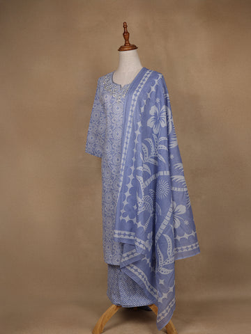 Blue Floral Design Printed Cotton Salwar Suit - Diadem