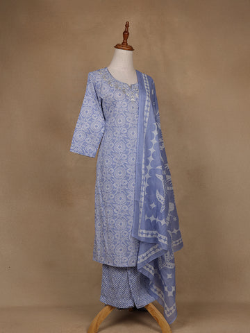 Blue Floral Design Printed Cotton Salwar Suit - Diadem