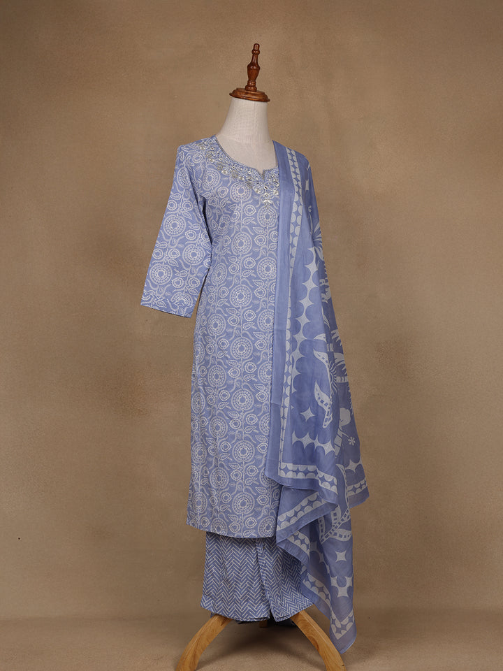 Blue Floral Design Printed Cotton Salwar Suit - Diadem