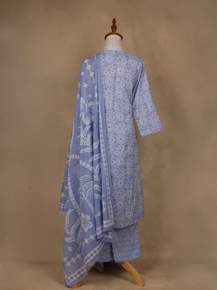 Blue Floral Design Printed Cotton Salwar Suit - Diadem
