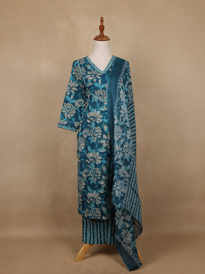Blue Floral Design Printed Cotton Salwar Suit - Diadem