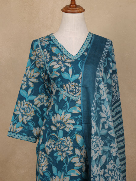 Blue Floral Design Printed Cotton Salwar Suit - Diadem