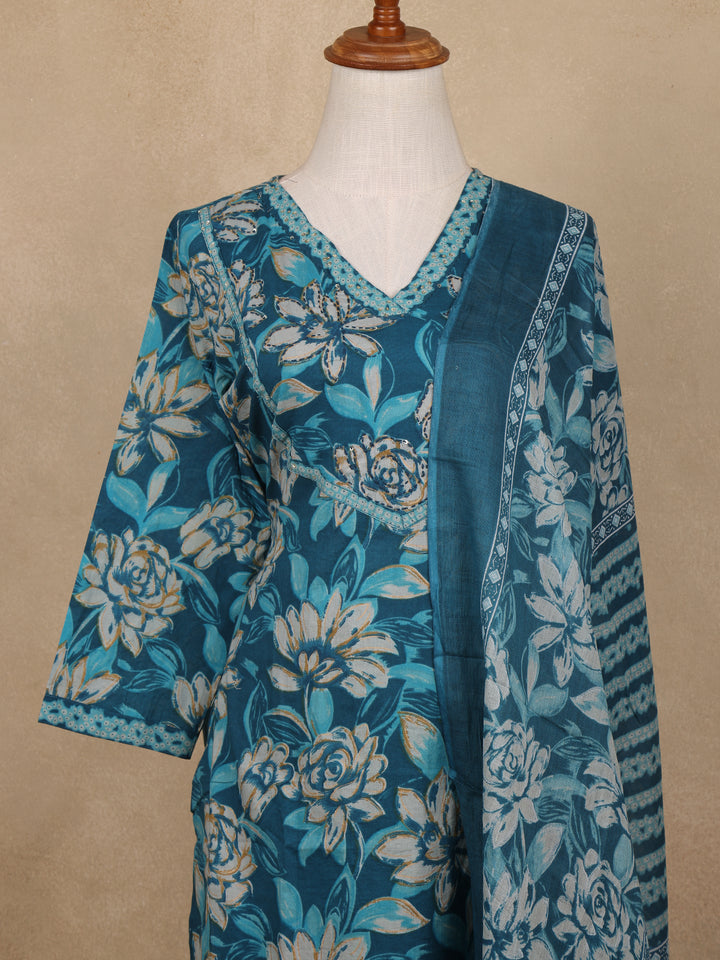 Blue Floral Design Printed Cotton Salwar Suit - Diadem