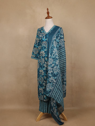 Blue Floral Design Printed Cotton Salwar Suit - Diadem