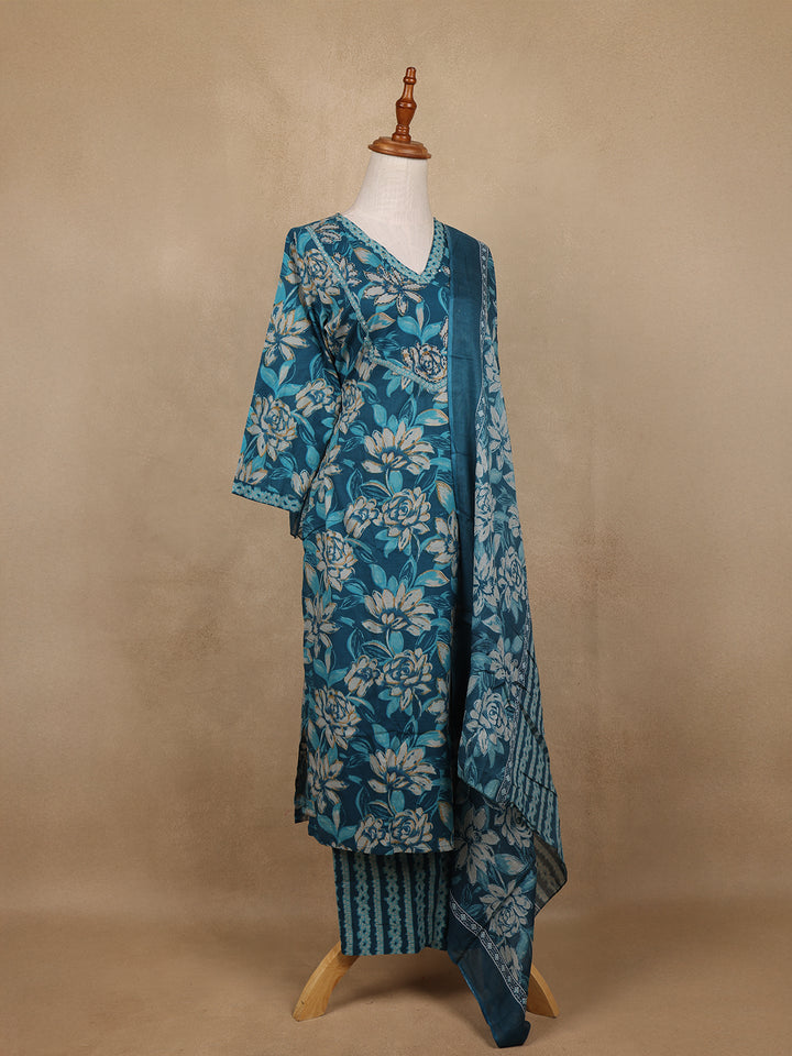Blue Floral Design Printed Cotton Salwar Suit - Diadem