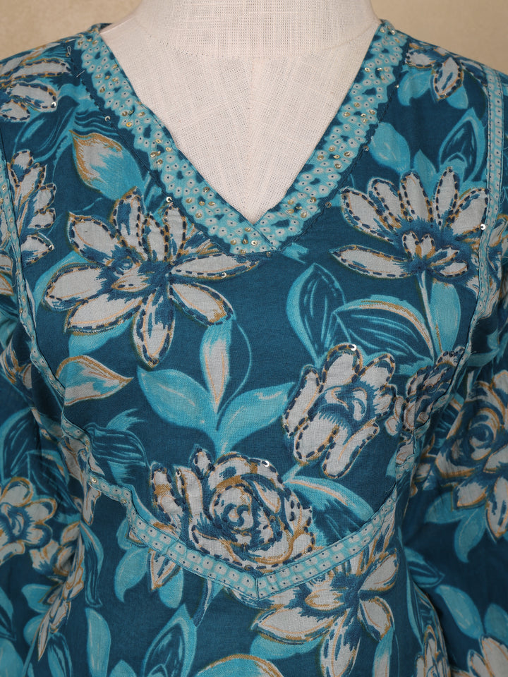 Blue Floral Design Printed Cotton Salwar Suit - Diadem