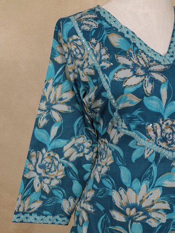 Blue Floral Design Printed Cotton Salwar Suit - Diadem
