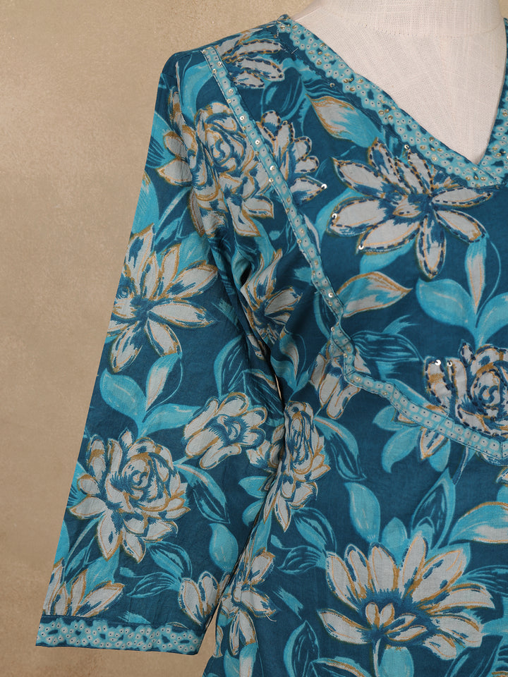 Blue Floral Design Printed Cotton Salwar Suit - Diadem