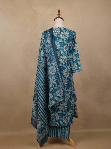 Blue Floral Design Printed Cotton Salwar Suit - Diadem