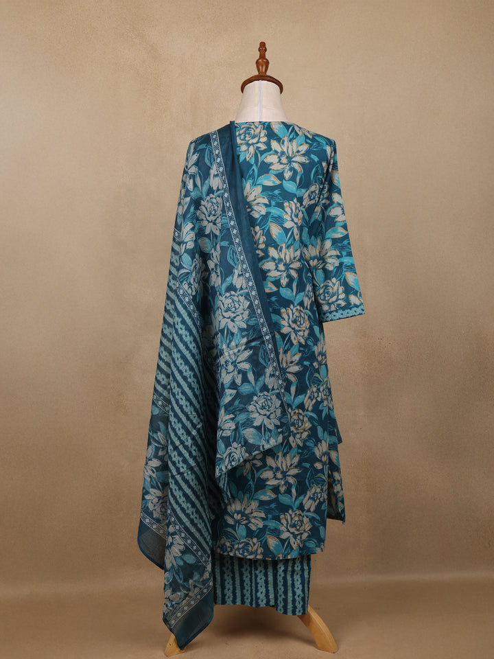 Blue Floral Design Printed Cotton Salwar Suit - Diadem